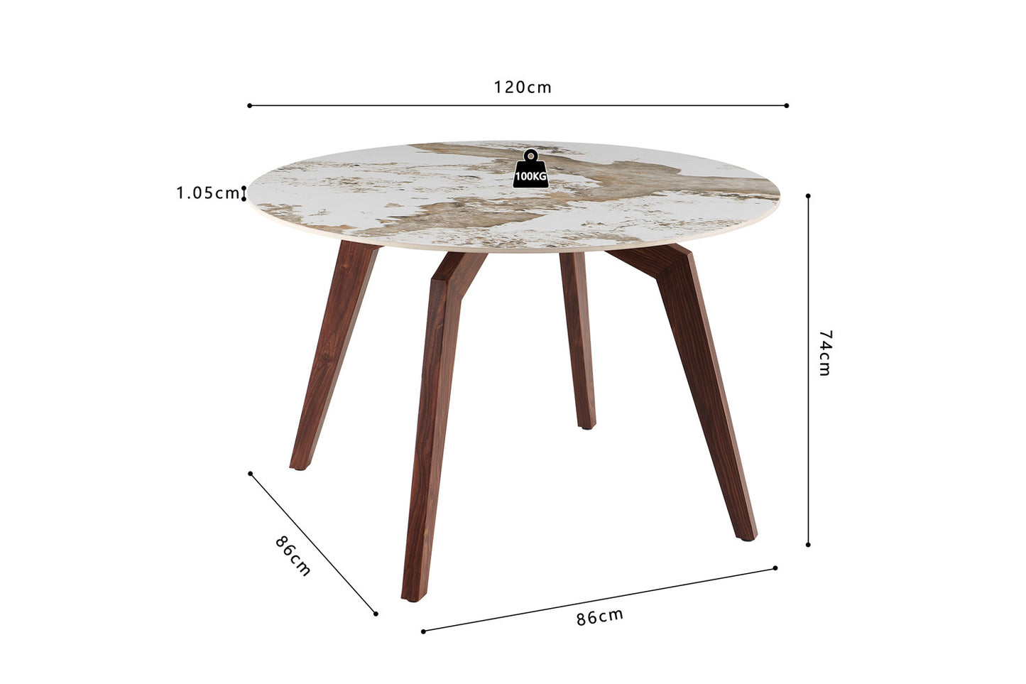 NEW - Tafel 'Alma' 120 cm Rond Glanzend Steen Pandora Beige - Voet walnoot (2c) - foto 7