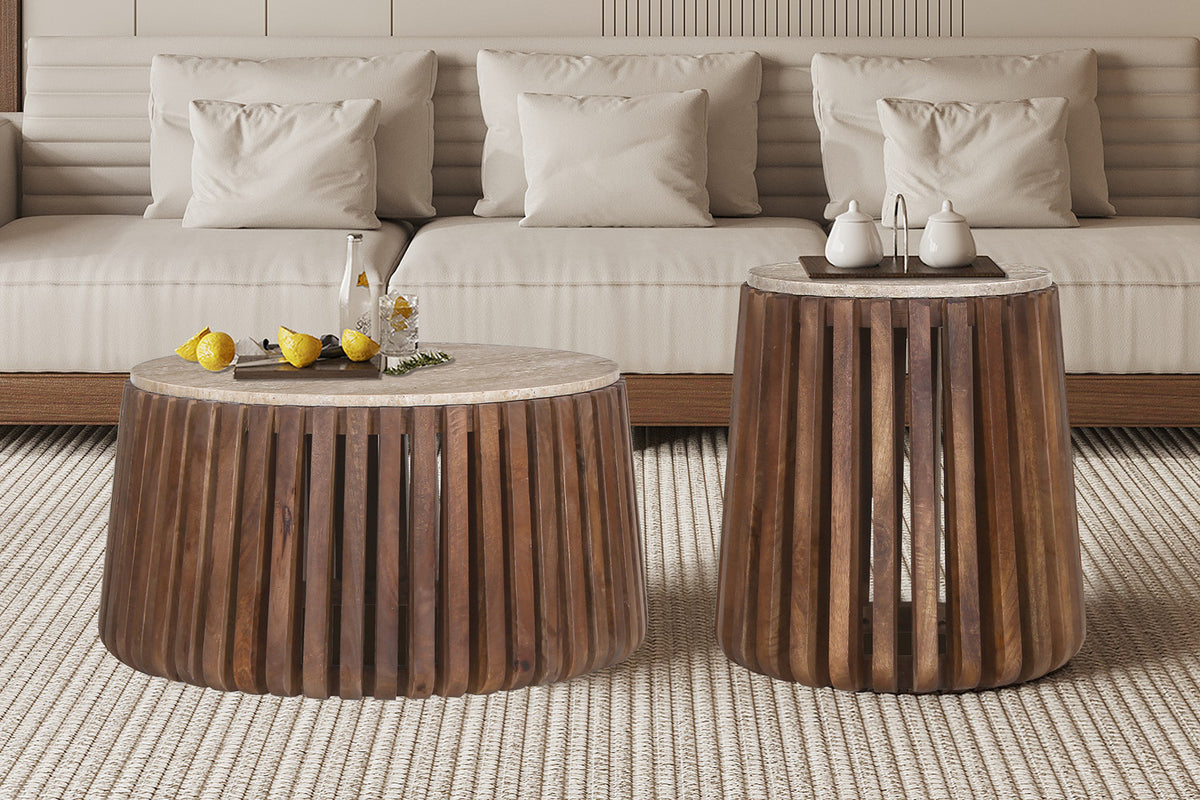 Salontafel 'Luuk' 70 cm Rond Mango hout met Travertin Beige (1c) - foto 2