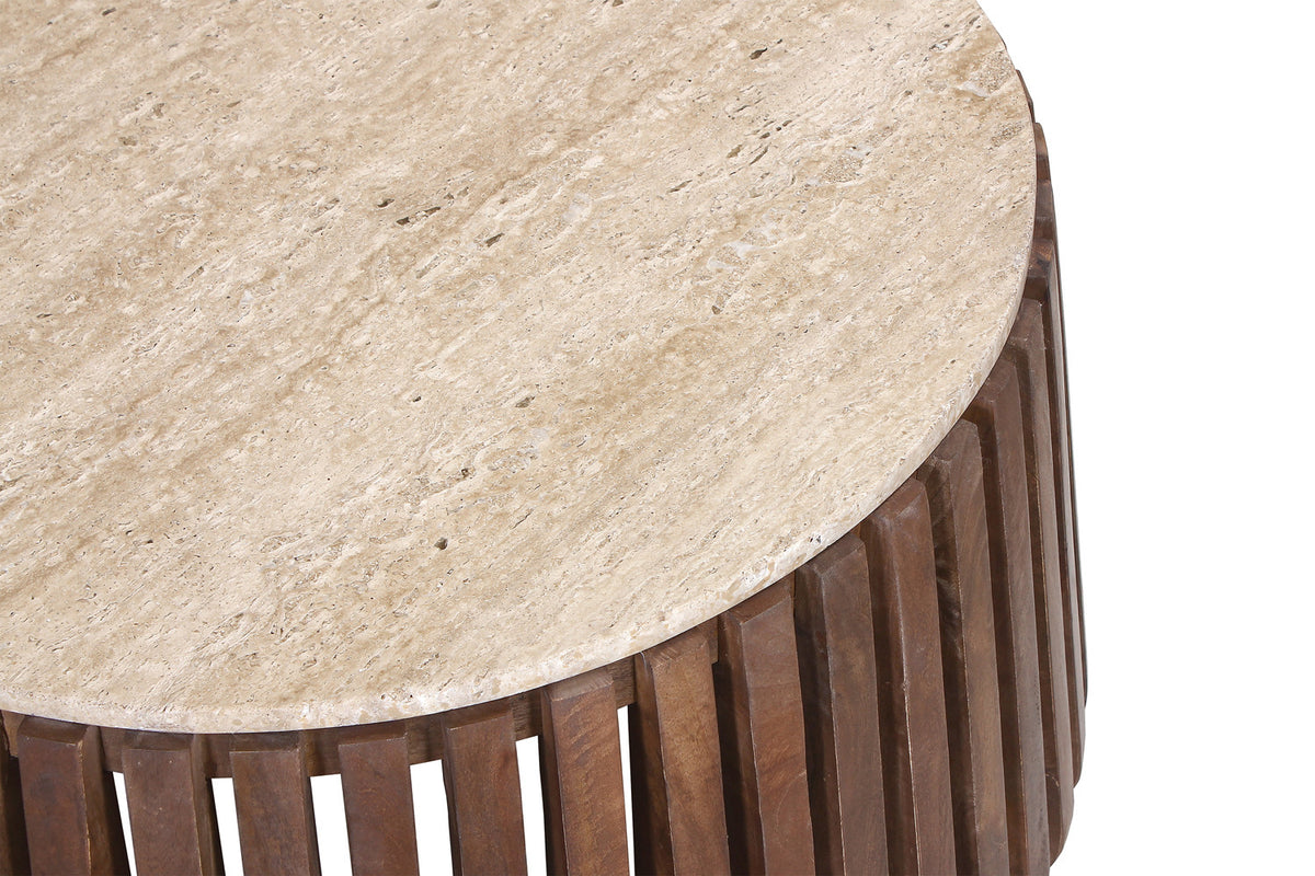 Salontafel 'Luuk' 70 cm Rond Mango hout met Travertin Beige (1c) - foto 5