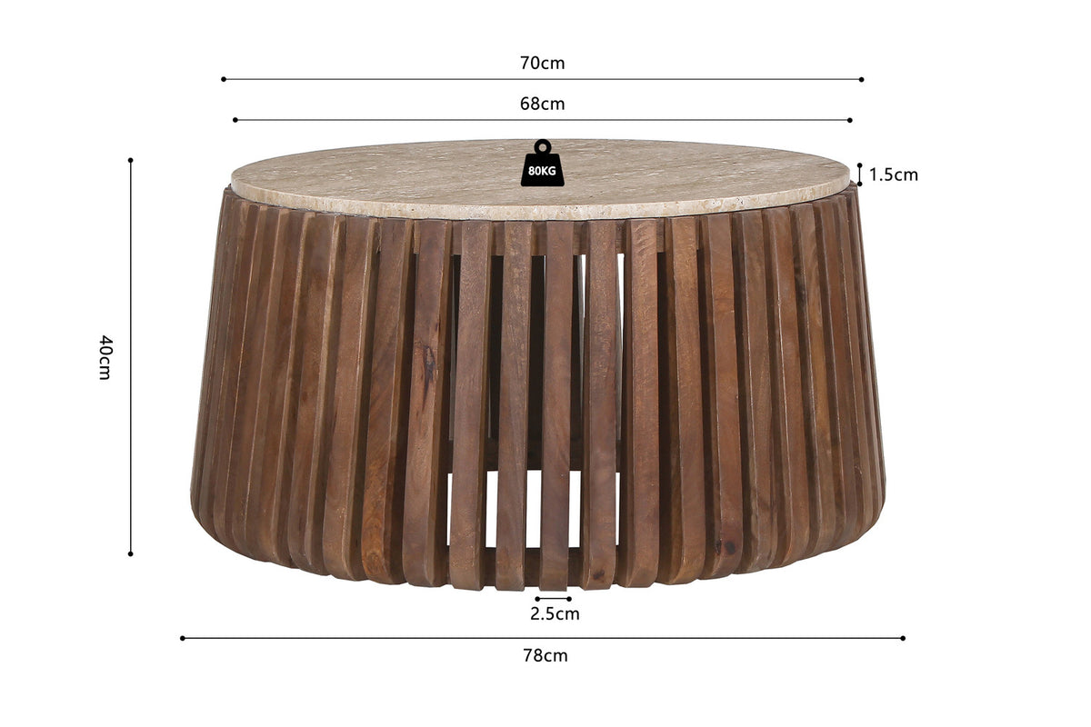 Salontafel 'Luuk' 70 cm Rond Mango hout met Travertin Beige (1c) - foto 6