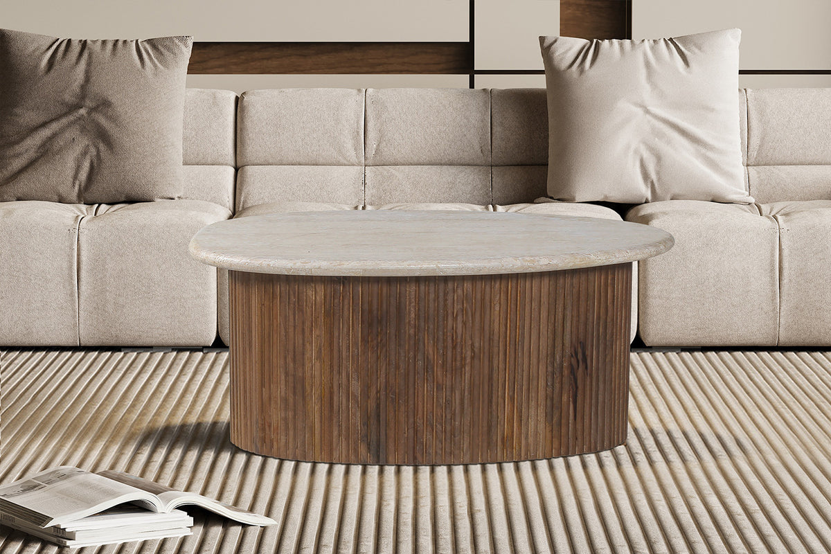 SALE - Salontafel 'Louis' 90 cm Mango hout met Travertin Beige (2c)
