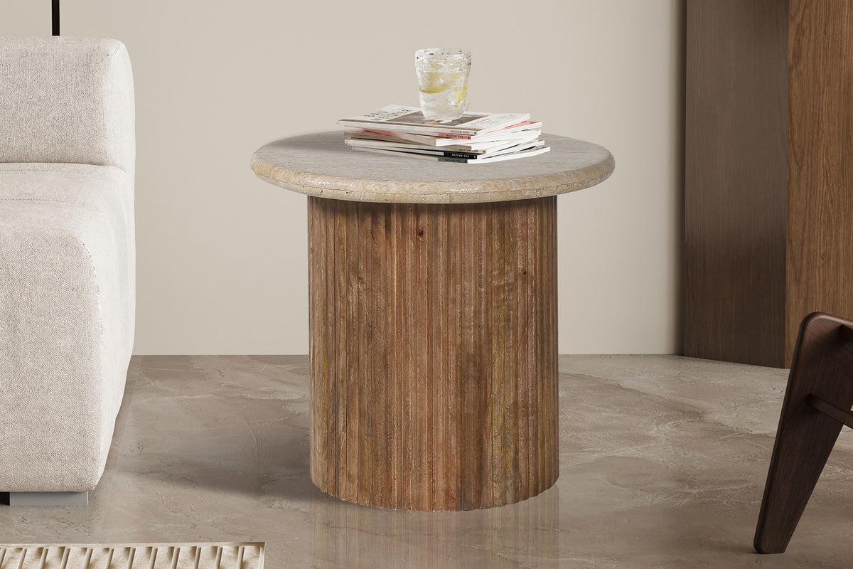 SALE - Bijzettafel 'Louis' 50 cm Mango hout met Travertin Beige (2c)