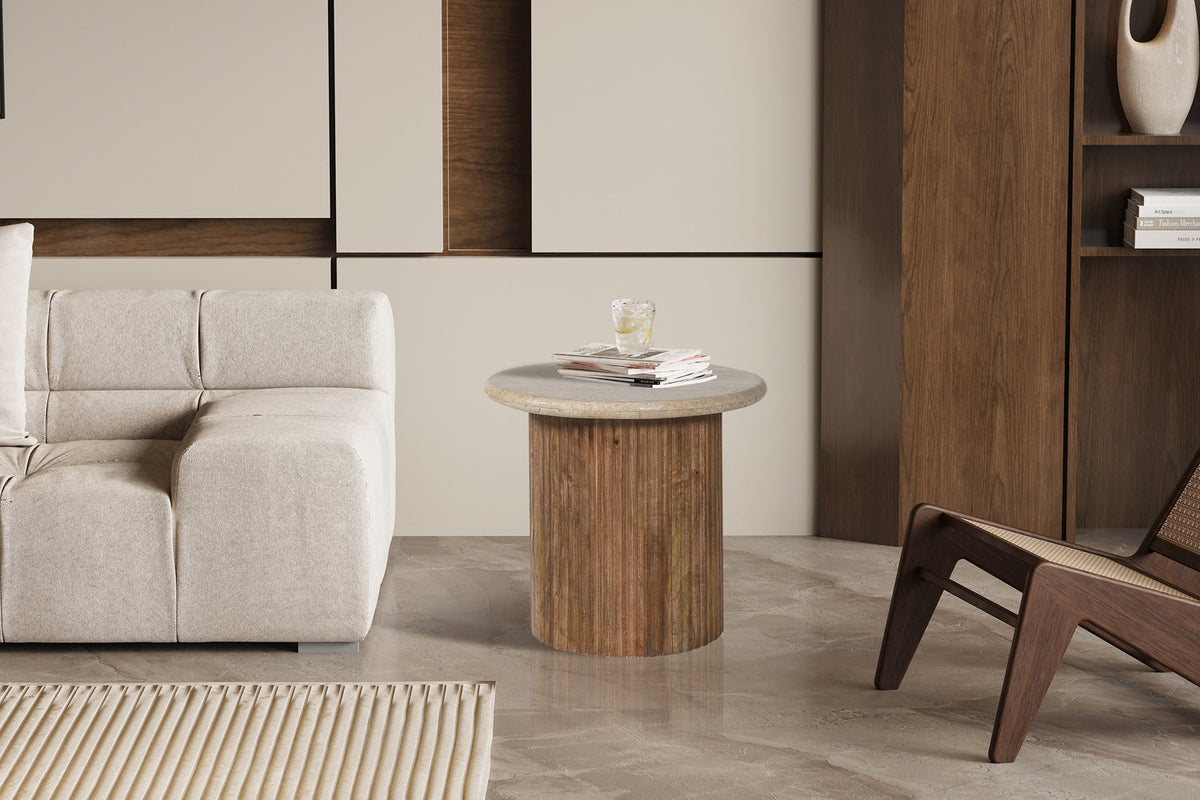 SALE - Bijzettafel 'Louis' 50 cm Mango hout met Travertin Beige (2c) - foto 2