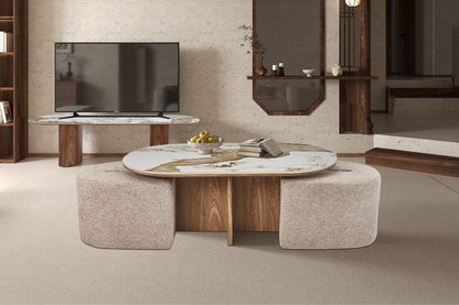 NEW - Salontafel 'Evora' met 2 poefs stof Glanzend Steen Pandora (2c)
