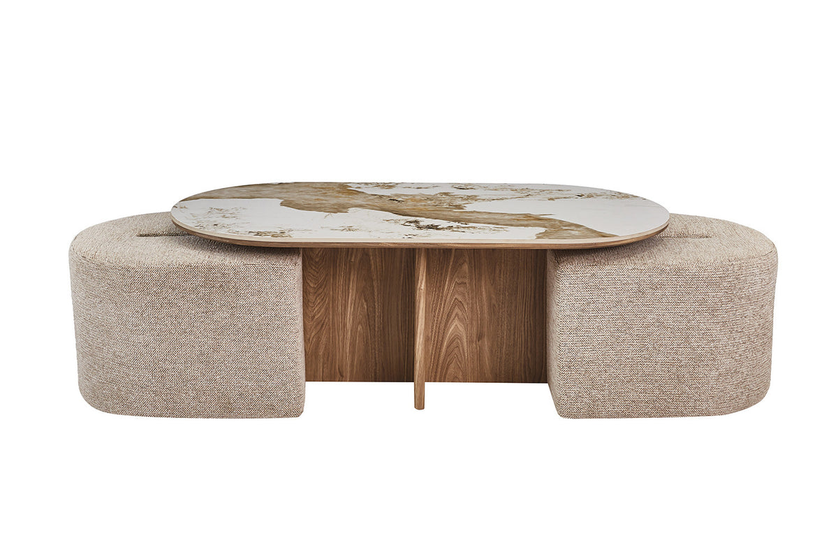 NEW - Salontafel 'Evora' met 2 poefs stof Glanzend Steen Pandora (2c) - foto 4