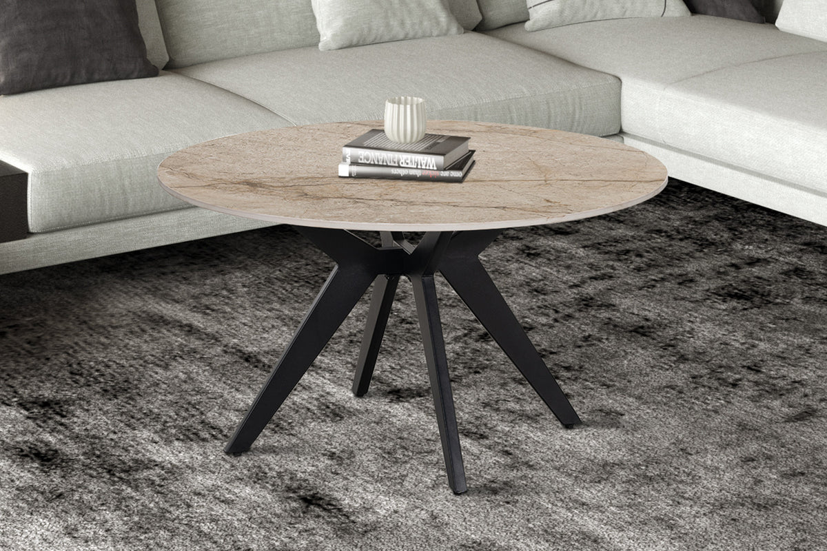 NEW - Salontafel 'Apollo' 80 cm Rond Glanzend Steen Shakespear beige (2c)