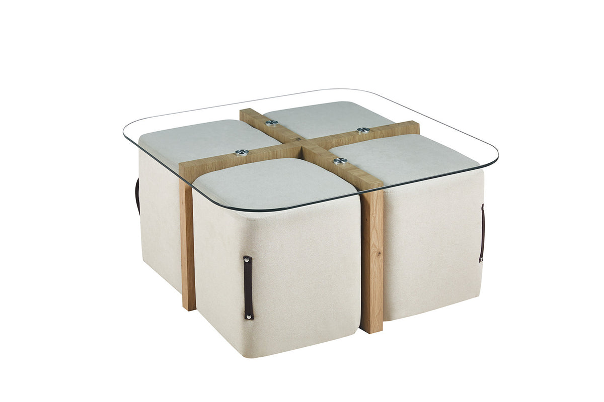 Salontafel 'Shana' met 4 poefs stof Decor Oude eik (2c) - foto 4