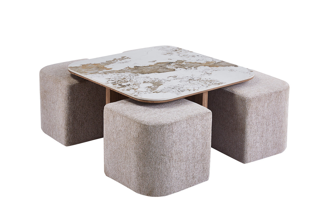 NEW - Salontafel 'Evora' met 4 poefs stof Glanzend Steen Pandora (2c) - foto 3