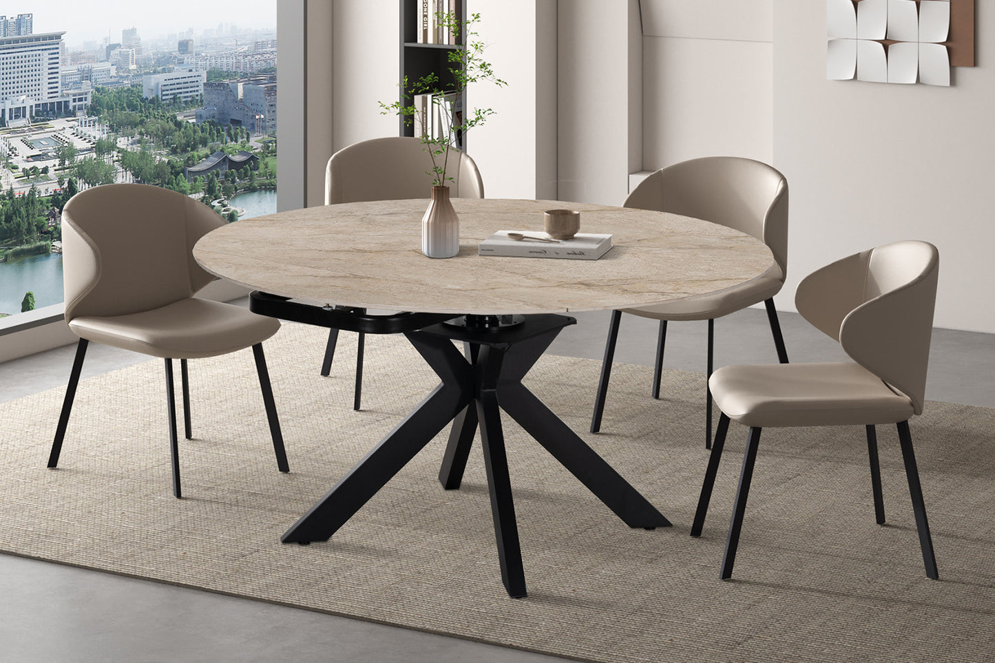 NEW - Uitschuifbare tafel 'Athéna' Rond 140-140x90 cm steen Shakspear Beige (2c)