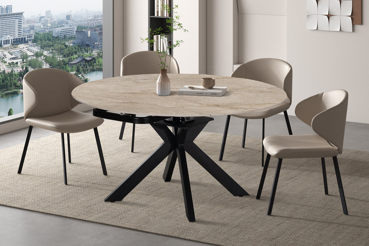 NEW - Uitschuifbare tafel 'Athéna' Rond 140-140x90 cm steen Shakspear Beige (2c)