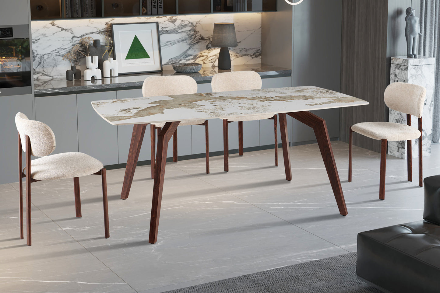 NEW - Tafel 'Alma' 180x90 cm Glanzend Steen Pandora Beige - Voet walnoot (2c)