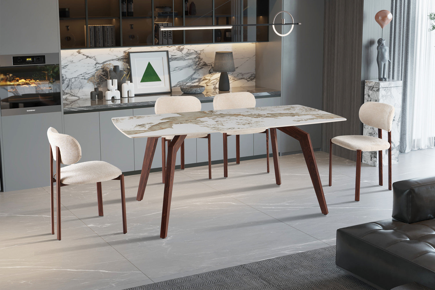 NEW - Tafel 'Alma' 180x90 cm Glanzend Steen Pandora Beige - Voet walnoot (2c) - foto 2