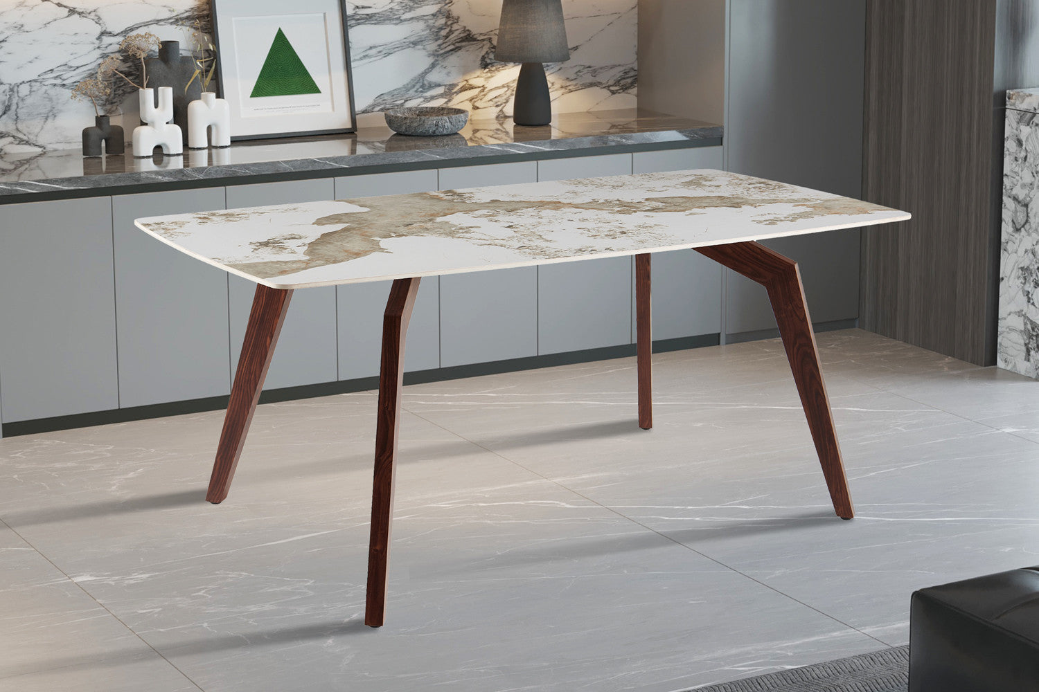 NEW - Tafel 'Alma' 180x90 cm Glanzend Steen Pandora Beige - Voet walnoot (2c) - foto 3