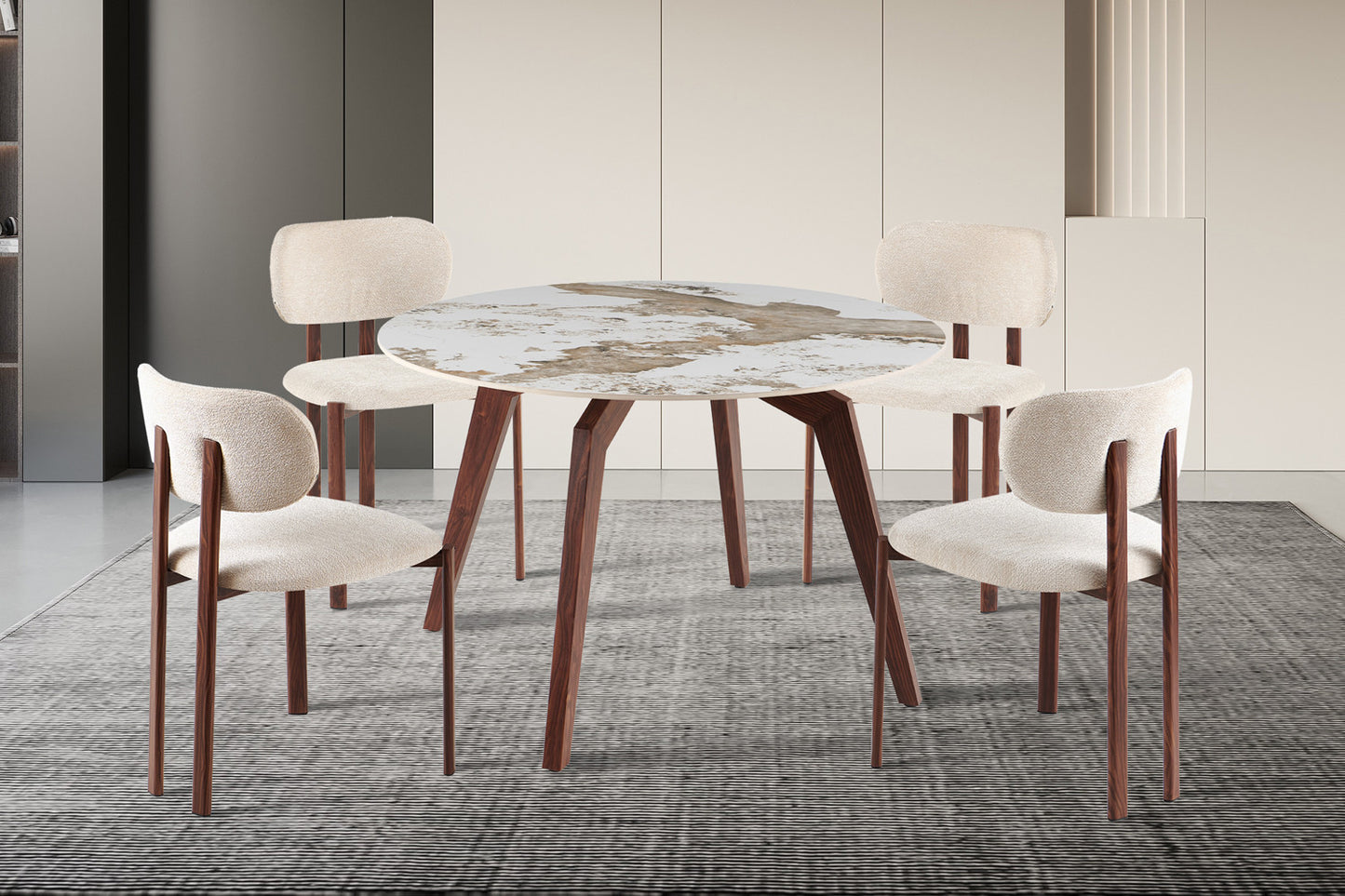 NEW - Tafel 'Alma' 120 cm Rond Glanzend Steen Pandora Beige - Voet walnoot (2c)