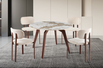 NEW - Tafel 'Alma' 120 cm Rond Glanzend Steen Pandora Beige - Voet walnoot (2c)