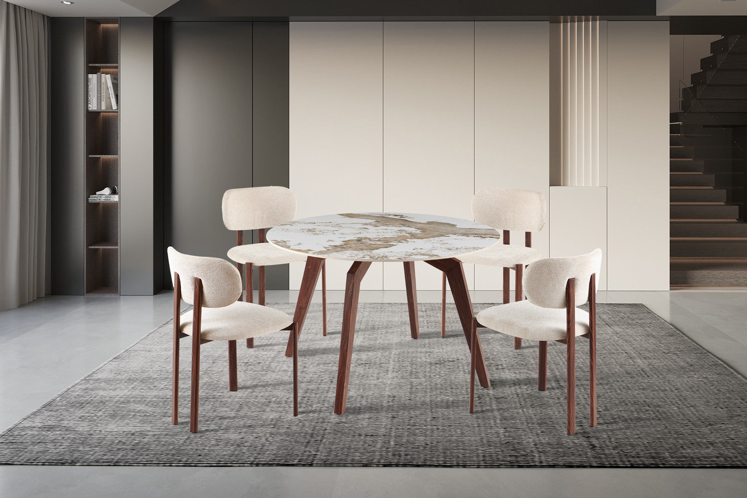 NEW - Tafel 'Alma' 120 cm Rond Glanzend Steen Pandora Beige - Voet walnoot (2c) - foto 2