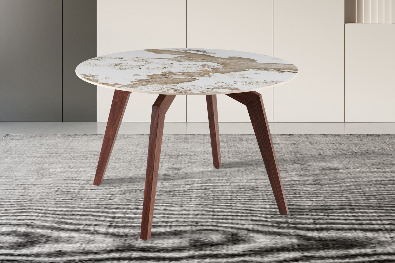 NEW - Tafel 'Alma' 120 cm Rond Glanzend Steen Pandora Beige - Voet walnoot (2c) - foto 3