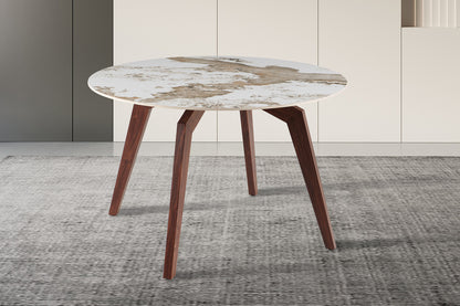 NEW - Tafel 'Alma' 120 cm Rond Glanzend Steen Pandora Beige - Voet walnoot (2c) - foto 3