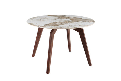 NEW - Tafel 'Alma' 120 cm Rond Glanzend Steen Pandora Beige - Voet walnoot (2c) - foto 4