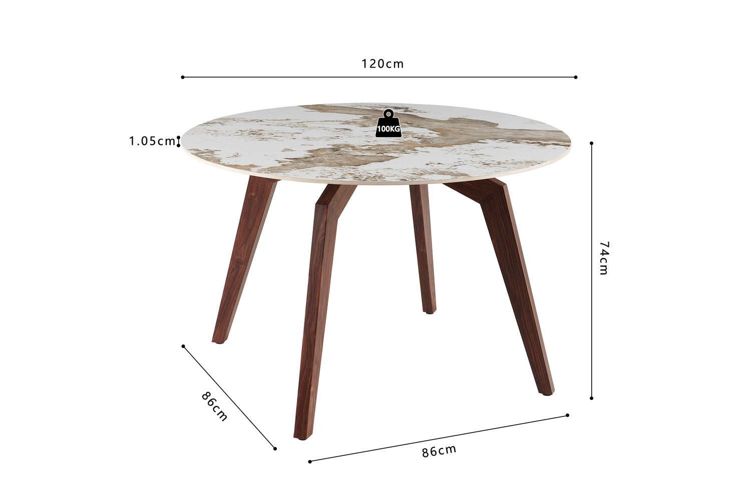 NEW - Tafel 'Alma' 120 cm Rond Glanzend Steen Pandora Beige - Voet walnoot (2c) - foto 7