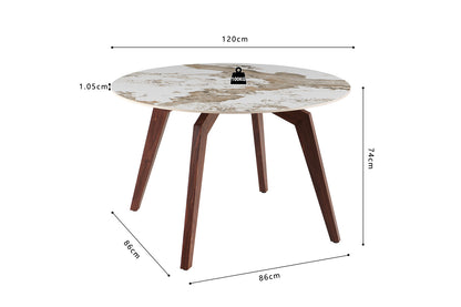NEW - Tafel 'Alma' 120 cm Rond Glanzend Steen Pandora Beige - Voet walnoot (2c) - foto 7