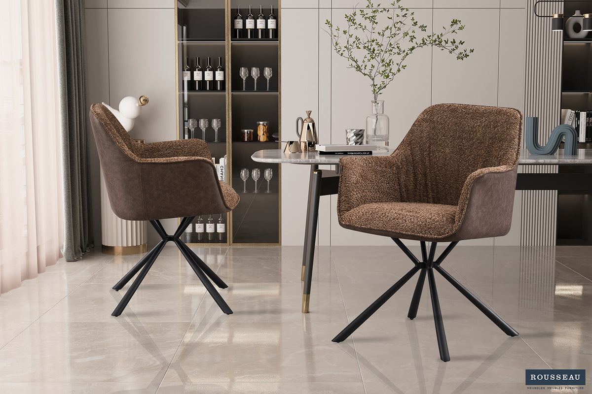SALE - Stoel 'Lucie' Bouclé Zand Rug PU Bruin (2/doos)