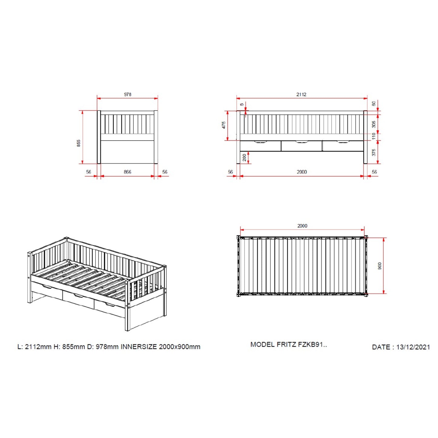 Kajuitbed Woodora 91cm met lades